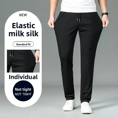 High Quality Ice Silk Stretch New Brand Casual Fashion Strappy Long Pants Elastic Pencil Street Style Teens Trousers Men Clothes