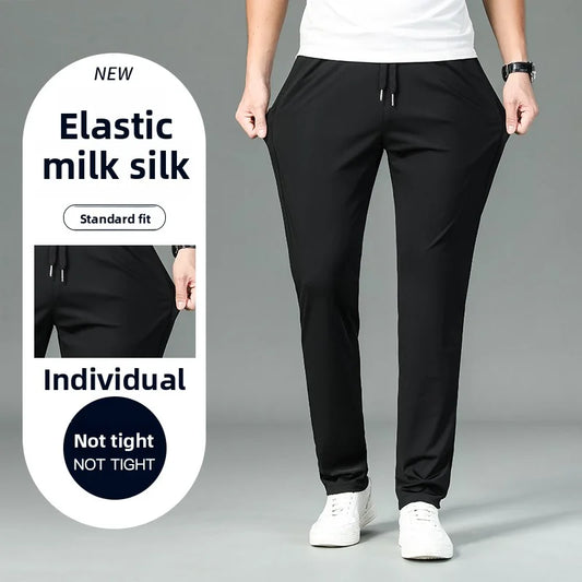 High Quality Ice Silk Stretch New Brand Casual Fashion Strappy Long Pants Elastic Pencil Street Style Teens Trousers Men Clothes