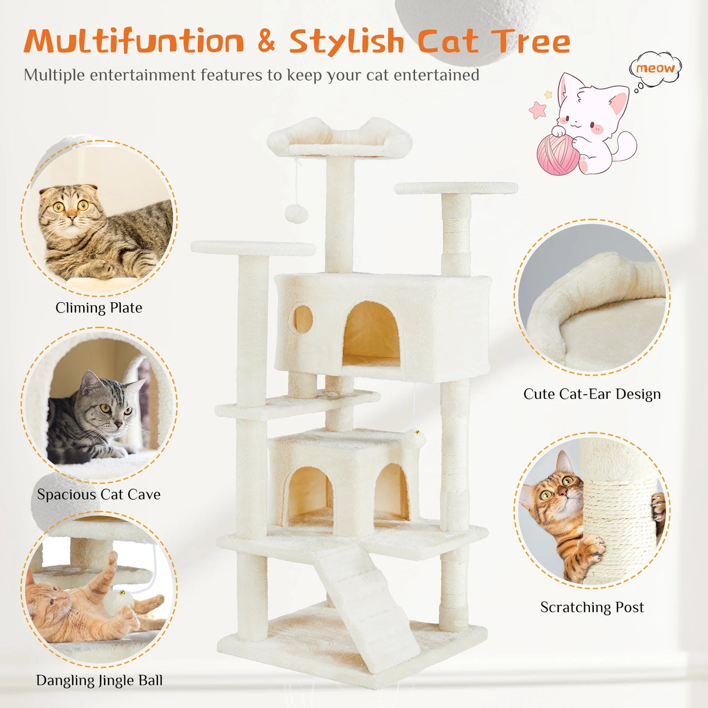 JHK 54" Multi-Level Cat Tree Tower with Sisal Scratching Post.