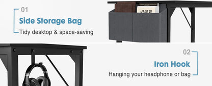 Modern Compact Computer Desk with Side Bag & Headphone Hook – Easy Assembly.