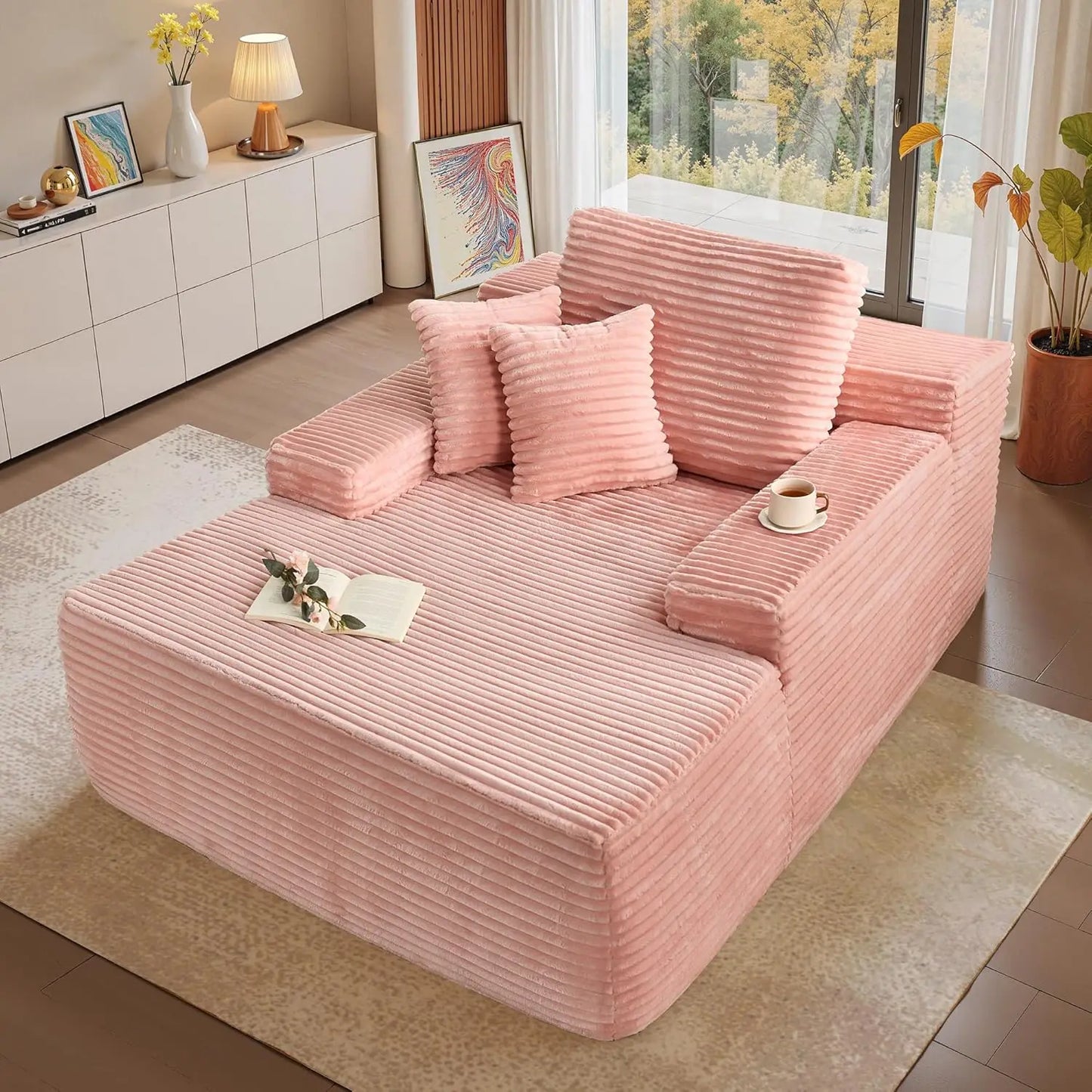 Chaise Lounge Chair Indoor, 67" Oversized Comfy Plush Fur Sleeper Sofa Bed, Boneless Upholstered Recliner Bed with Pillows