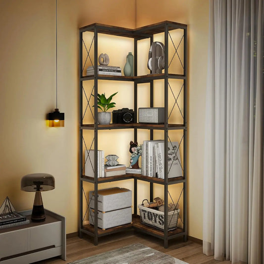 7-Tier LED Corner Bookshelf, 78.7” High Metal Frame Storage Shelf for Living Room & Study.