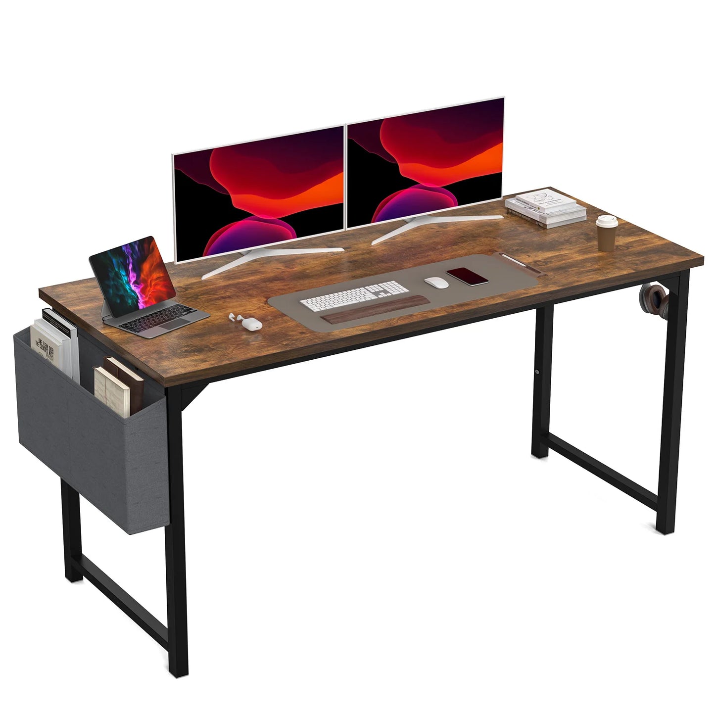 Modern Compact Computer Desk with Side Bag & Headphone Hook – Easy Assembly.