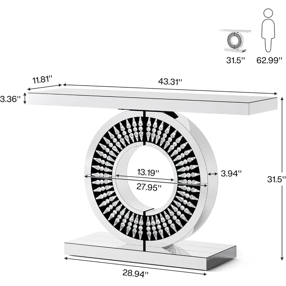 Modern Mirrored Console Table with A Sparkling Crystal-encrusted Base, 43-inch Silver Console Table/decorative Table