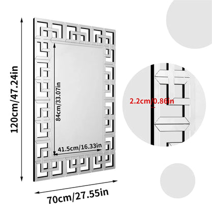 Decorative wall mirror with geometric pattern, measurements, and close-up details on a white background.