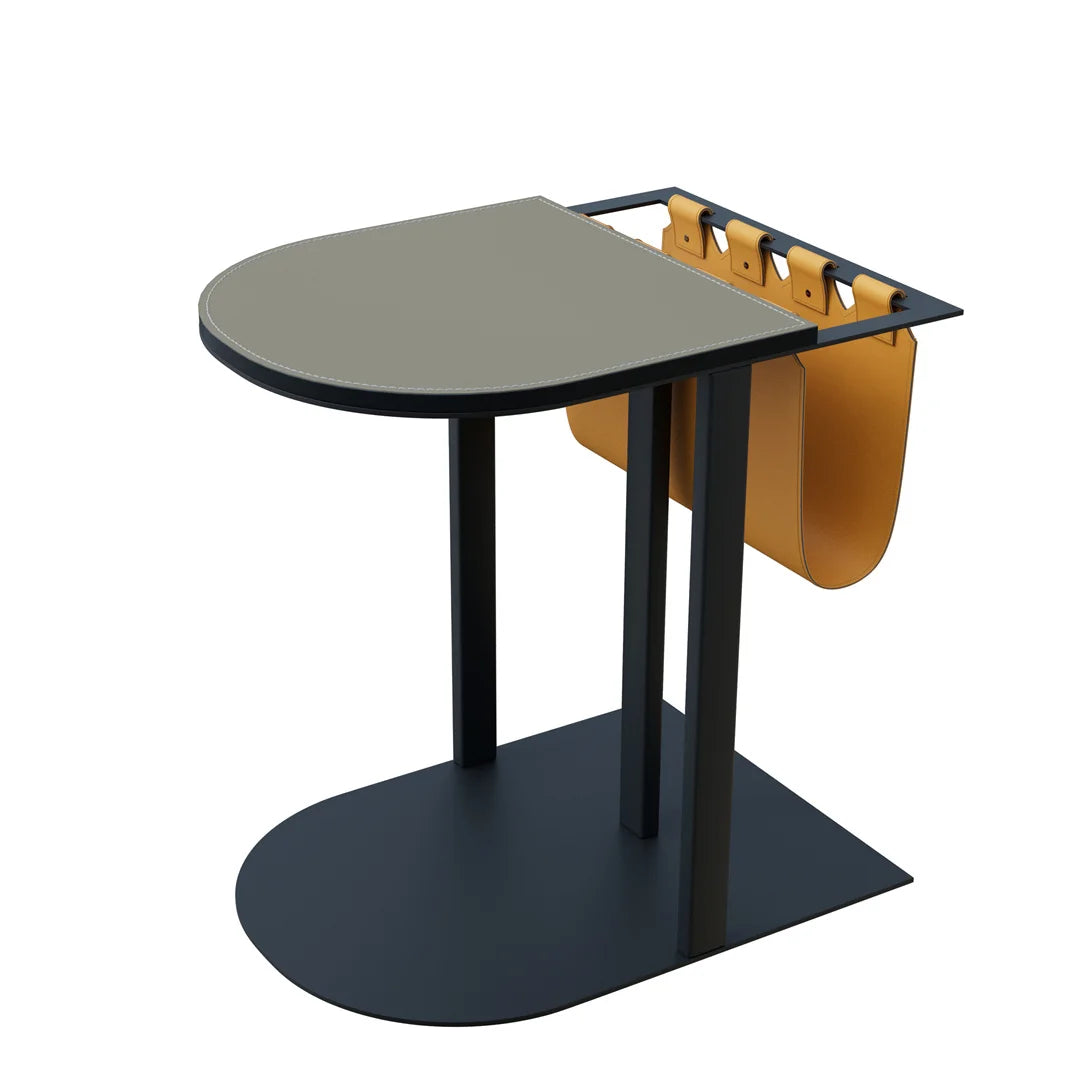 Small round table with a black base and gray top, featuring a yellow storage compartment on a white background.