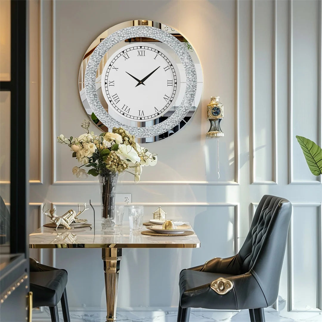 Decorative wall clock with floral arrangement and table setting in a stylish room.