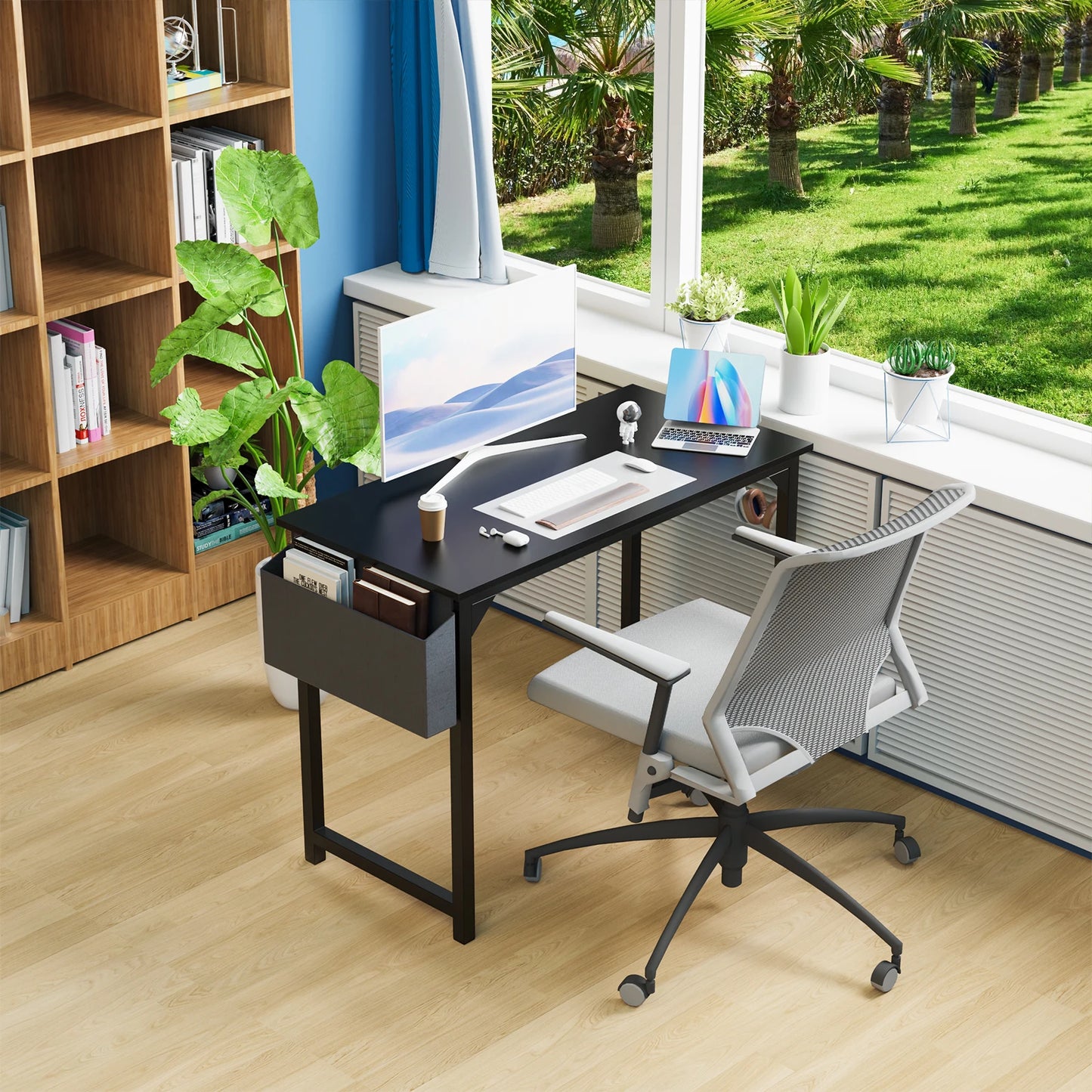 Modern Compact Computer Desk with Side Bag & Headphone Hook – Easy Assembly.