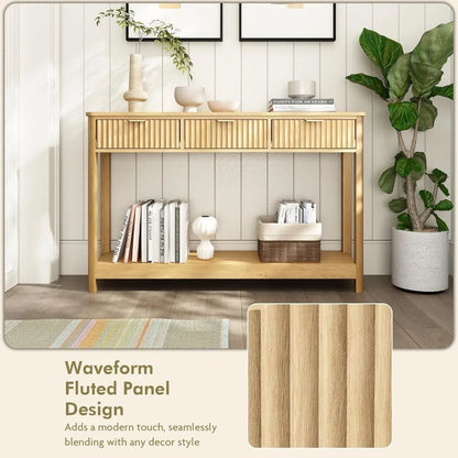 Fluted Console Table with Drawers, Modern 47.1" Entryway Table with Storage Shelf, Boho Narrow Skinny Behind Couch Wood Sofa