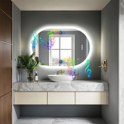Modern bathroom vanity with a decorative mirror featuring colorful musical notes.