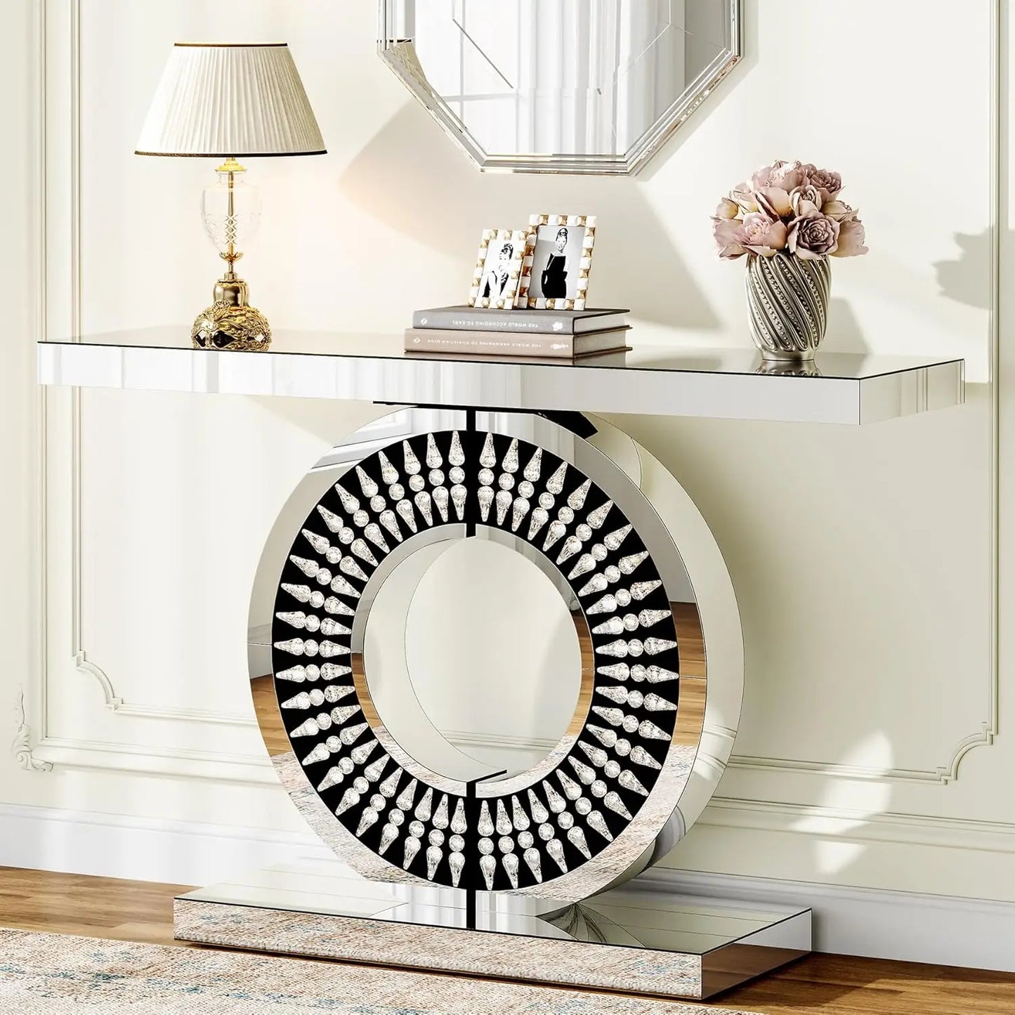 Modern Mirrored Console Table with A Sparkling Crystal-encrusted Base, 43-inch Silver Console Table/decorative Table