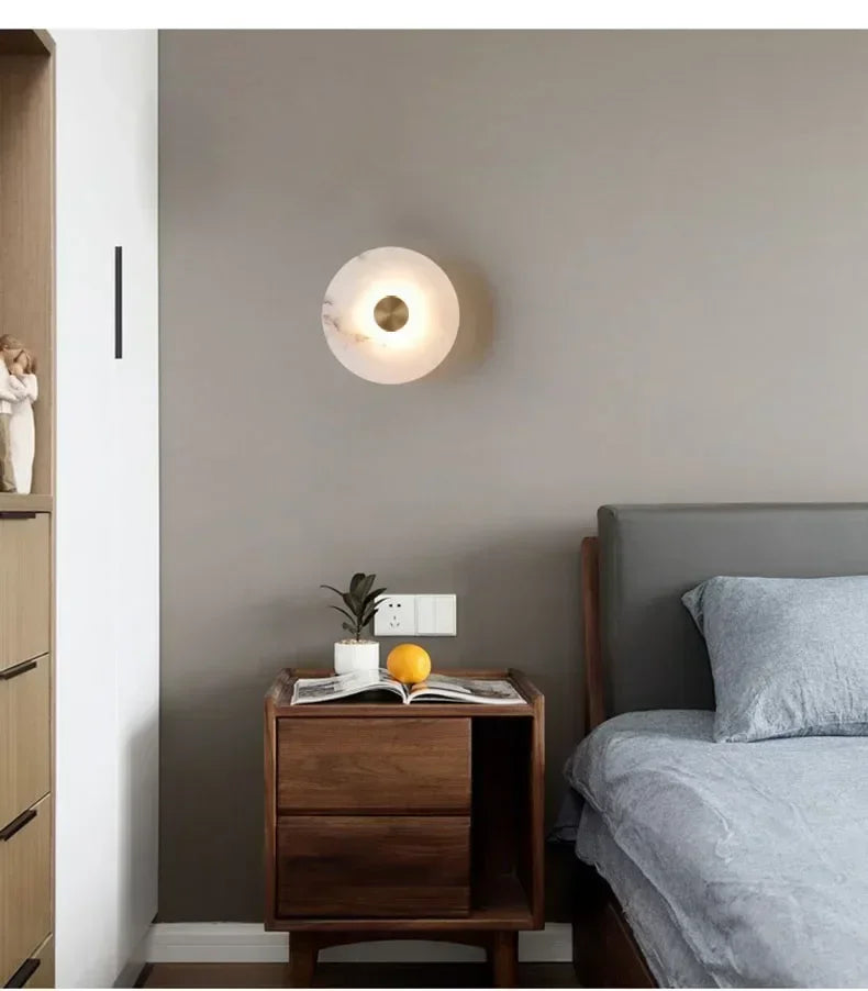 Spanish Marble LED Round Wall Sconce – Brass Bedroom & Living Room Light.