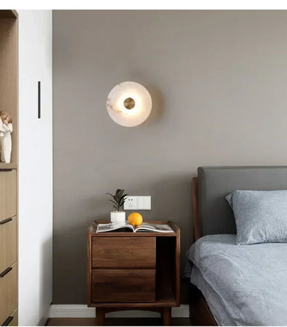 Spanish Marble LED Round Wall Sconce – Brass Bedroom & Living Room Light.