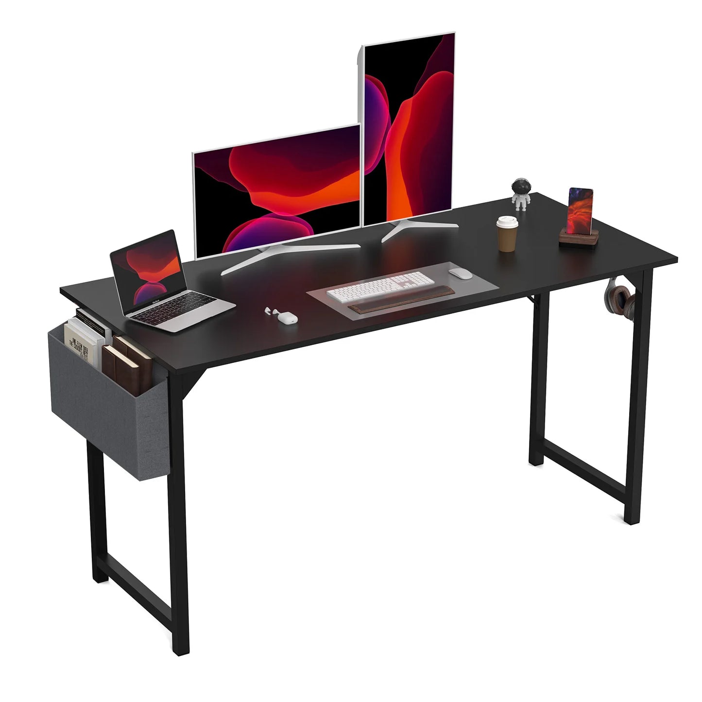 Modern Compact Computer Desk with Side Bag & Headphone Hook – Easy Assembly.