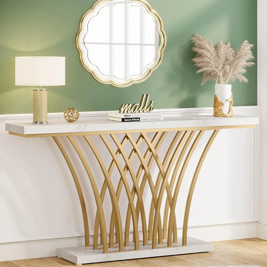 59" Gold Console Table with Grid Metal Base – Modern Entryway & Living Room Table.