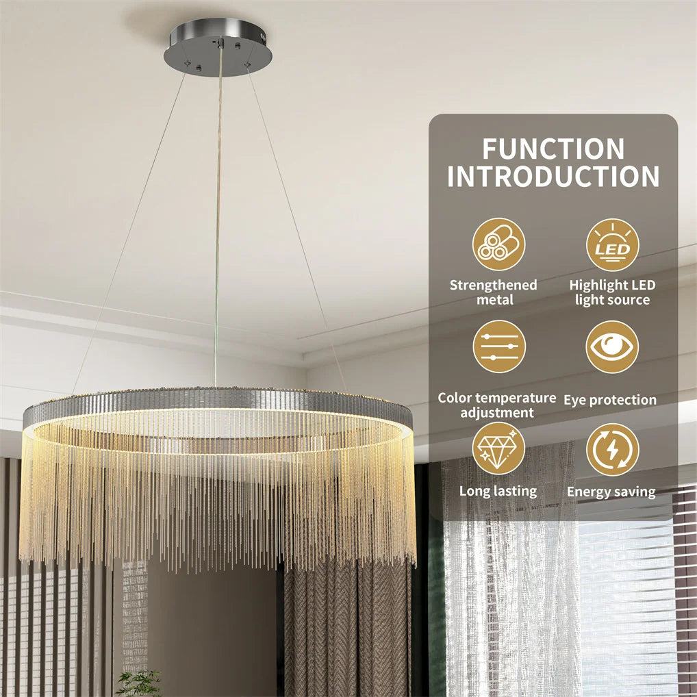 Chandelier with function introduction text on a neutral background