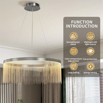 Chandelier with function introduction text on a neutral background