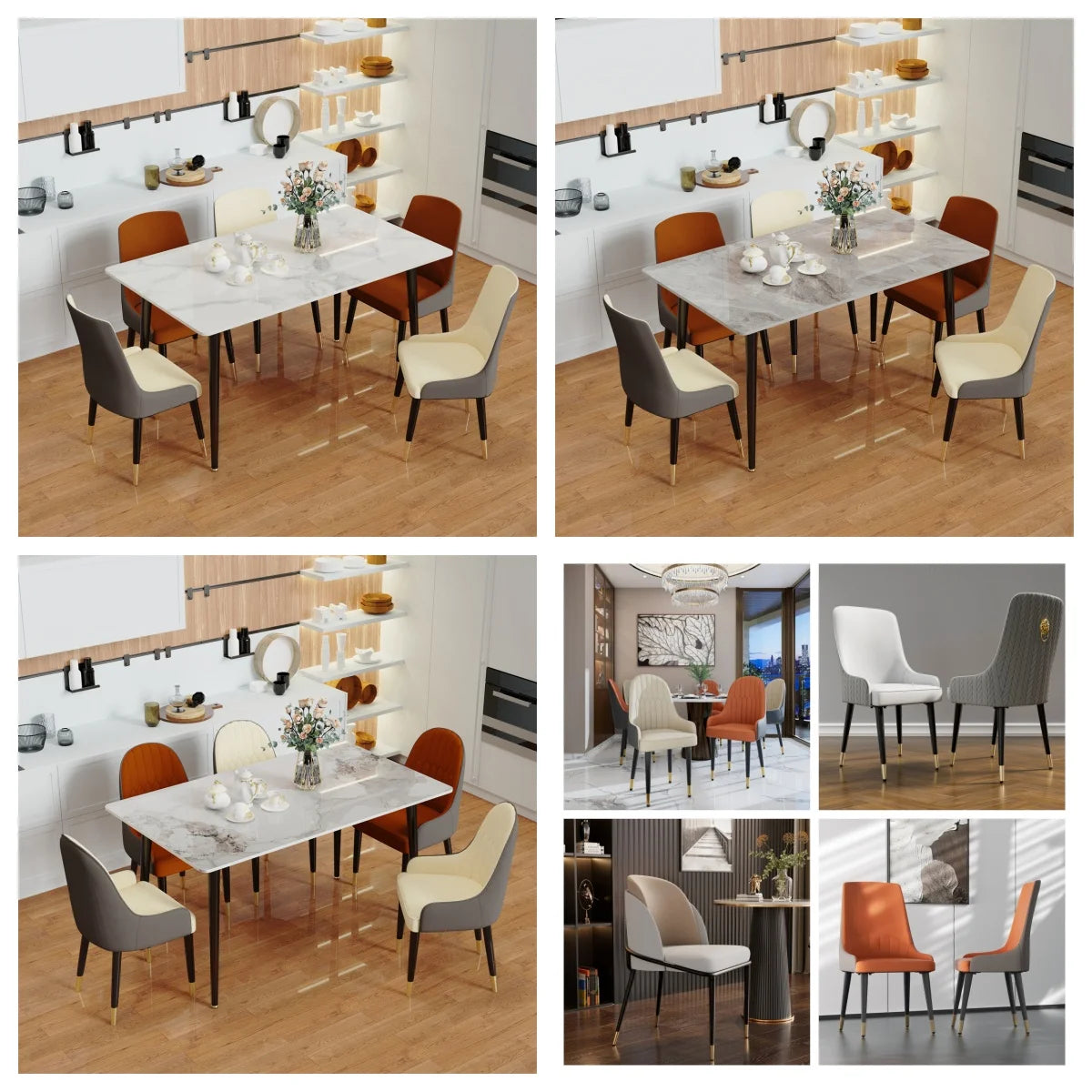 LUVODI 4-6 People Seats Marble Dining Table with Chair 1.2m Restaurant Kitchen Cafe Shop Coffee Table Furniture with Metal Legs