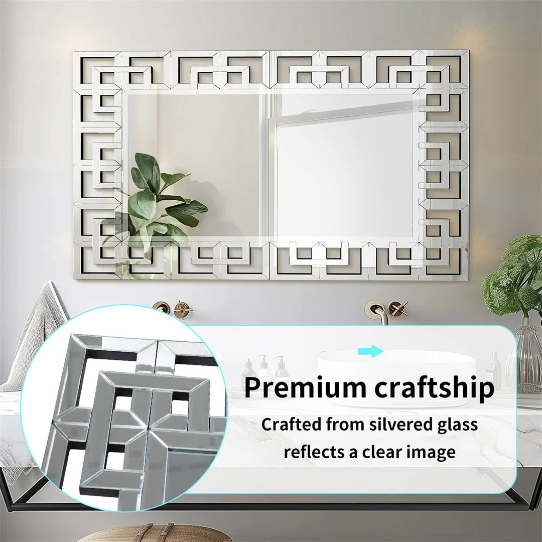 Decorative wall mirror with geometric frame and silvered glass, featuring a close-up of the mirror's design.