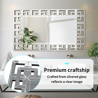 Decorative wall mirror with geometric frame and silvered glass, featuring a close-up of the mirror's design.