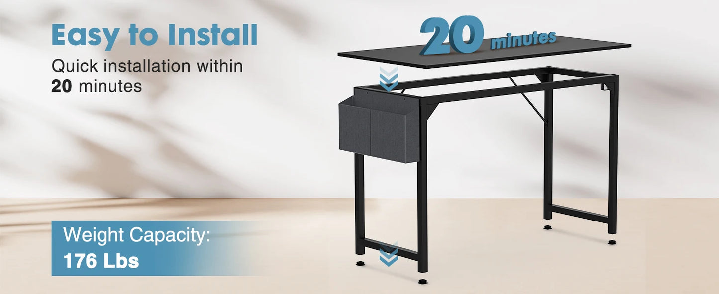 Modern Compact Computer Desk with Side Bag & Headphone Hook – Easy Assembly.