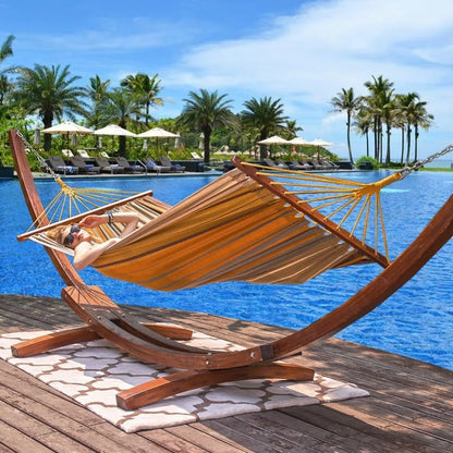 Cotton Hammock with 10.5ft Wood Arc Stand – Indoor &amp; Outdoor Relaxation Combo.