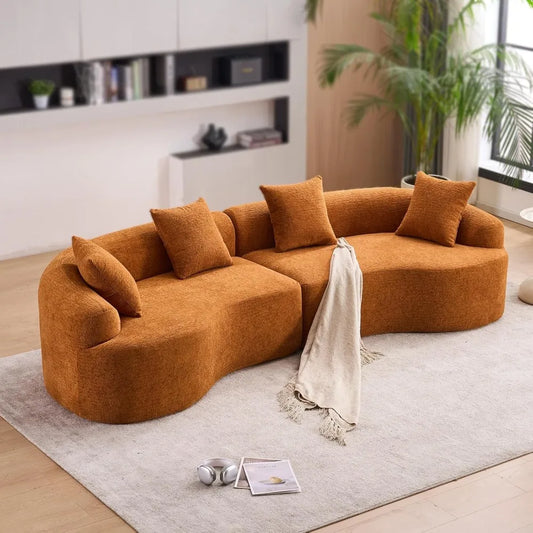 110" Curved Sectional Sofa – Luxury Chenille Fabric with Wood Grain, Oversized Modern Living Room Couch.