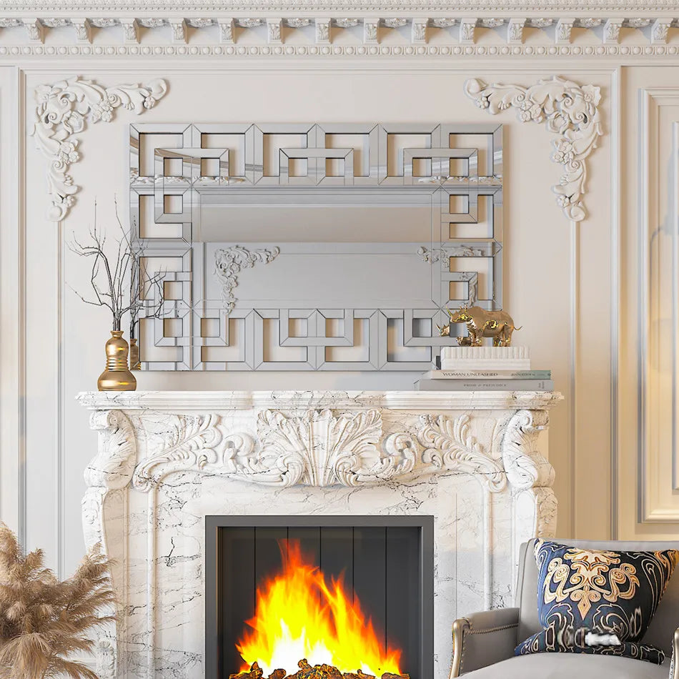 Decorative fireplace with ornate mantlepiece and mirror