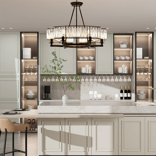 LUVODI Round Crystal Pendant Light Fixture Black Ceiling Chandelier Lamp with 3 Color Lights Adjustable Height