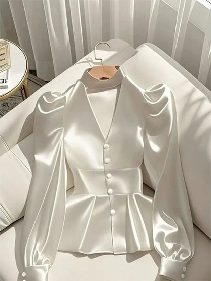 French Elegant White Satin Puff Sleeve Blouse – Waist Cinched Office Shirt.