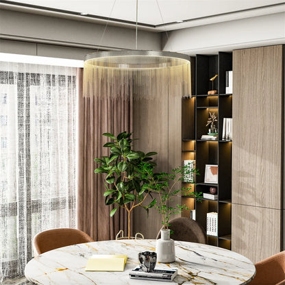 Modern interior with a round marble table, chairs, and decorative elements.