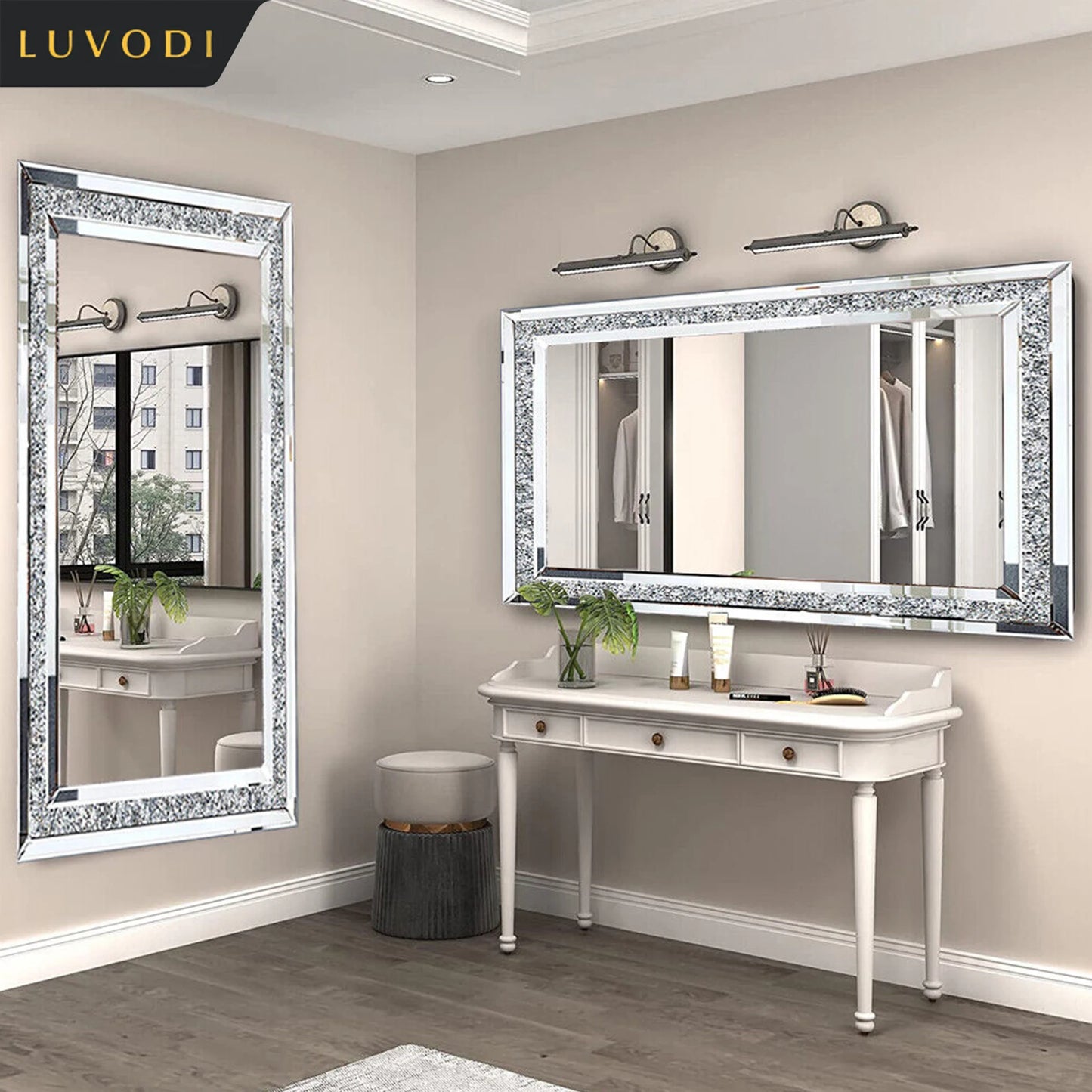 LUVODI Large Crushed Diamond Wall Mirror Crystal Sparkly Silver Home Decor Mirror for Vanity and Dressing