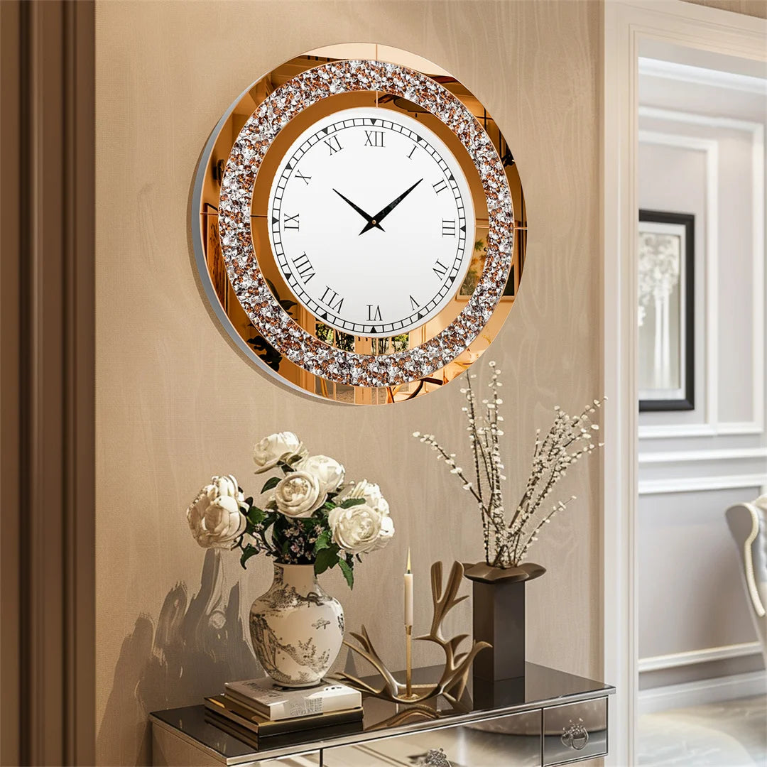 Decorative wall clock with crystal accents in a stylish room setting.