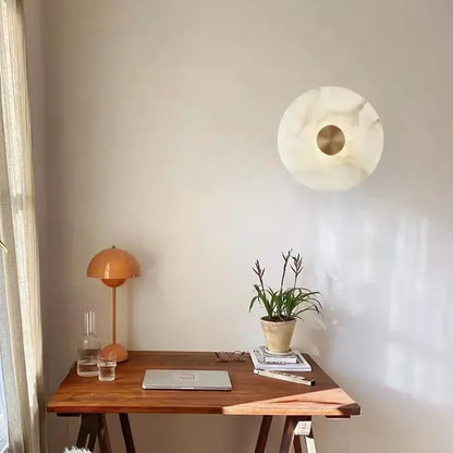 Spanish Marble LED Round Wall Sconce – Brass Bedroom & Living Room Light.