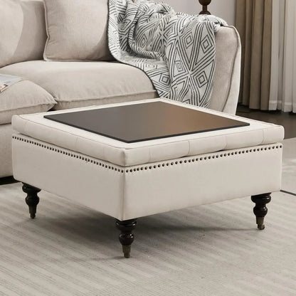 Large Square Tufted Storage Ottoman – Faux Leather Coffee Table with Wheels.
