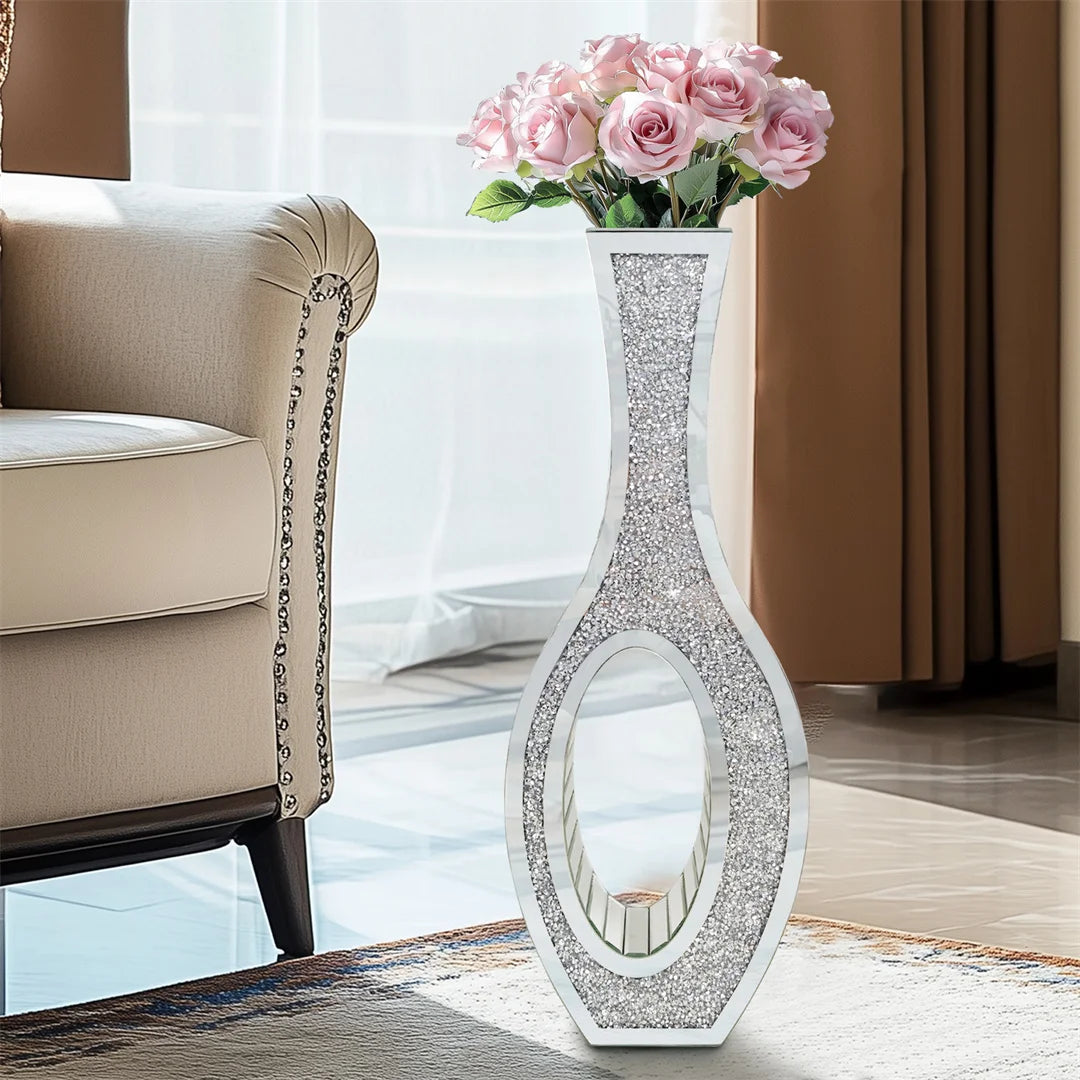 Decorative floor mirror with floral arrangement in a living room setting