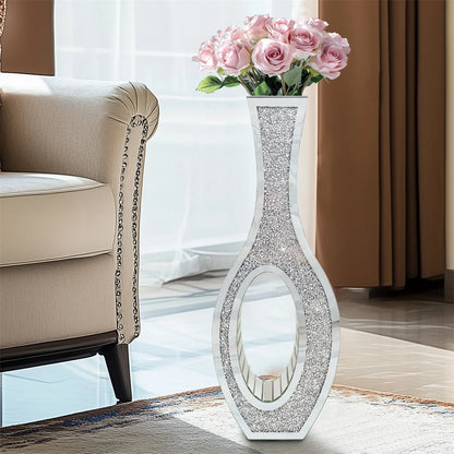 Decorative floor mirror with floral arrangement in a living room setting