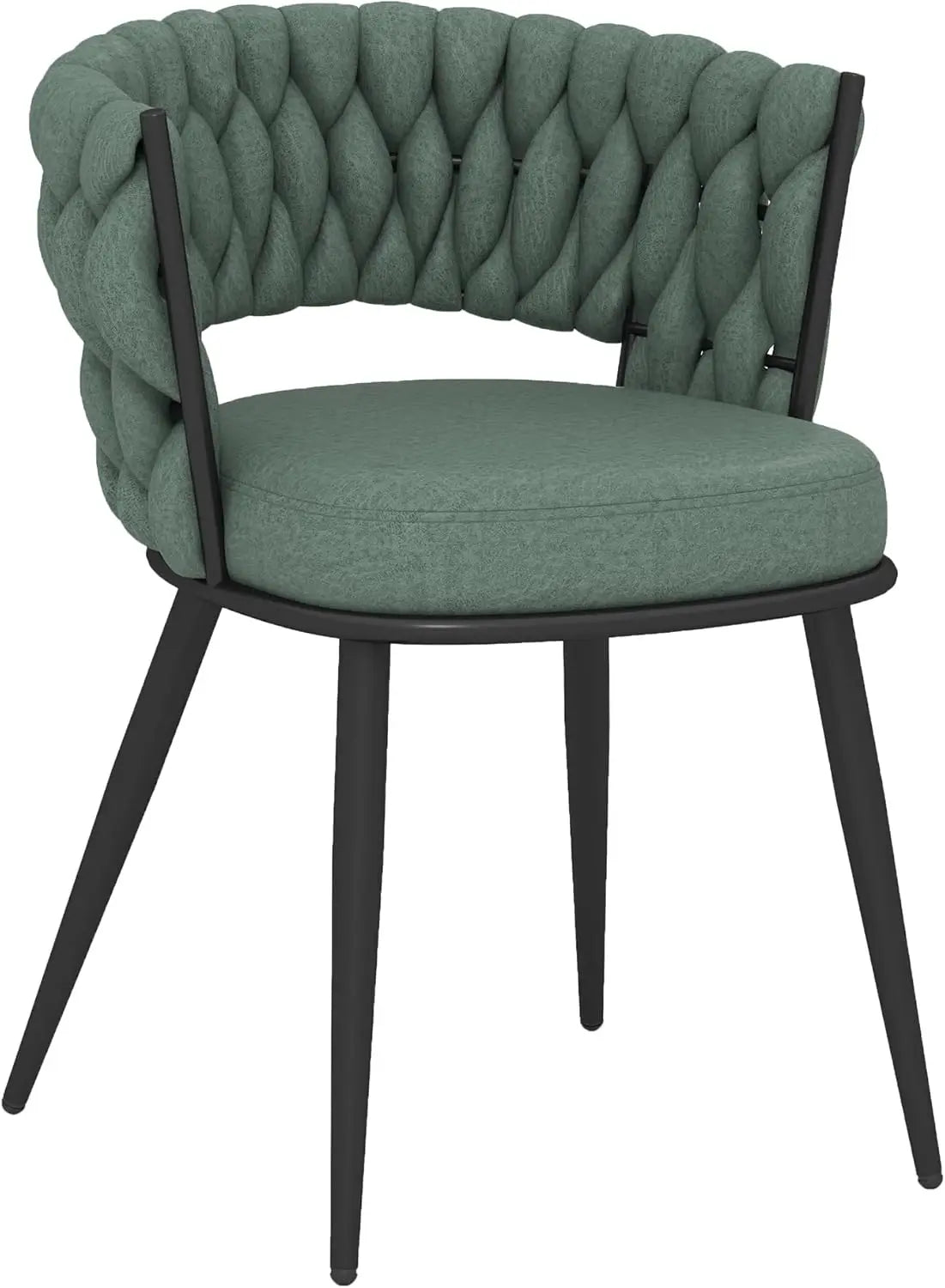 Green upholstered chair with black metal legs on a white background