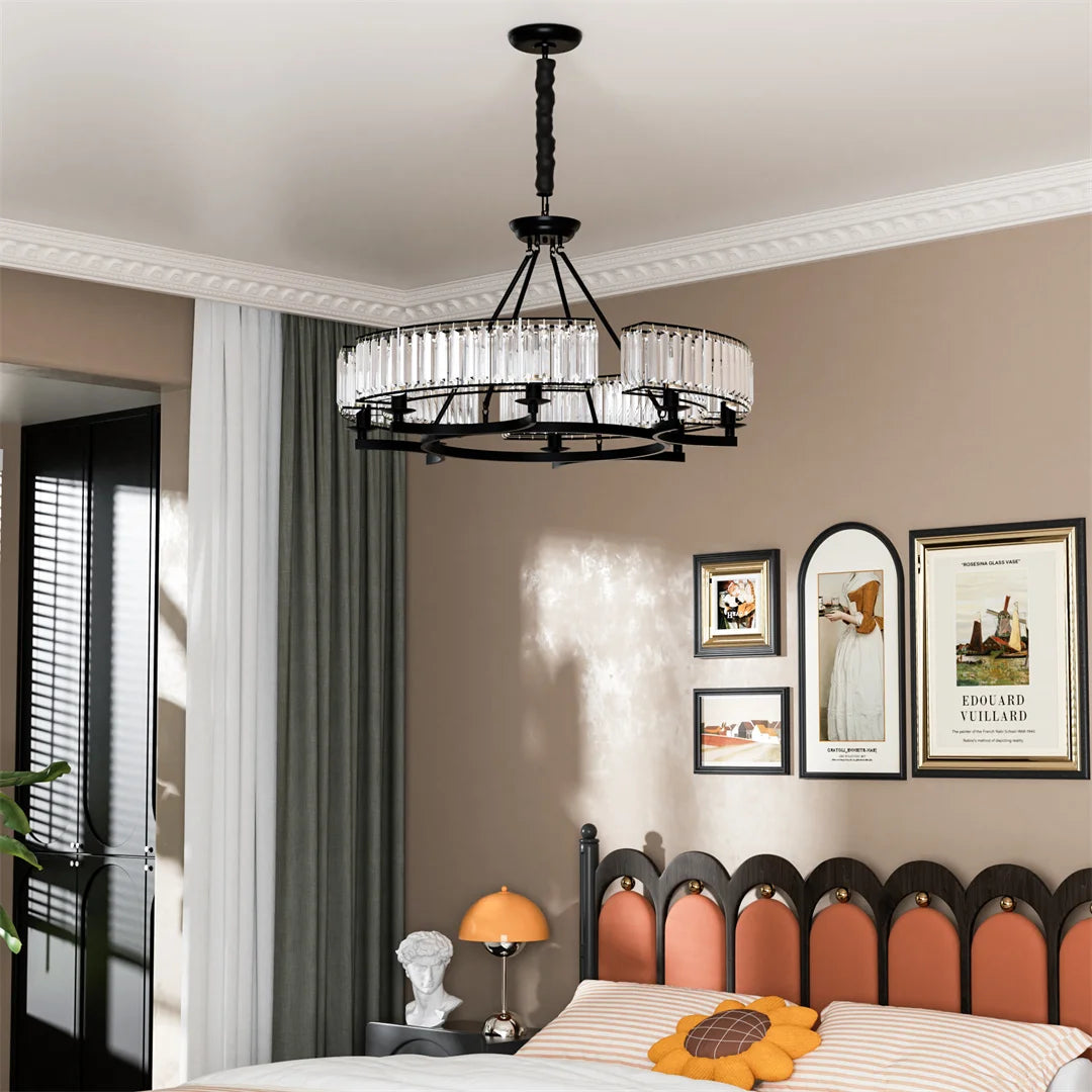 LUVODI Round Crystal Pendant Light Fixture Black Ceiling Chandelier Lamp with 3 Color Lights Adjustable Height