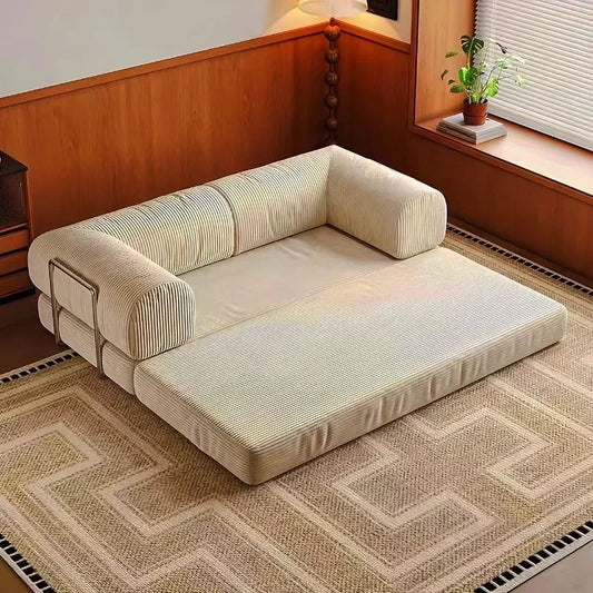 Italian Minimalist Corduroy L-Shaped Sofa Bed – Foldable, Washable, Customizable Lazy Couch.