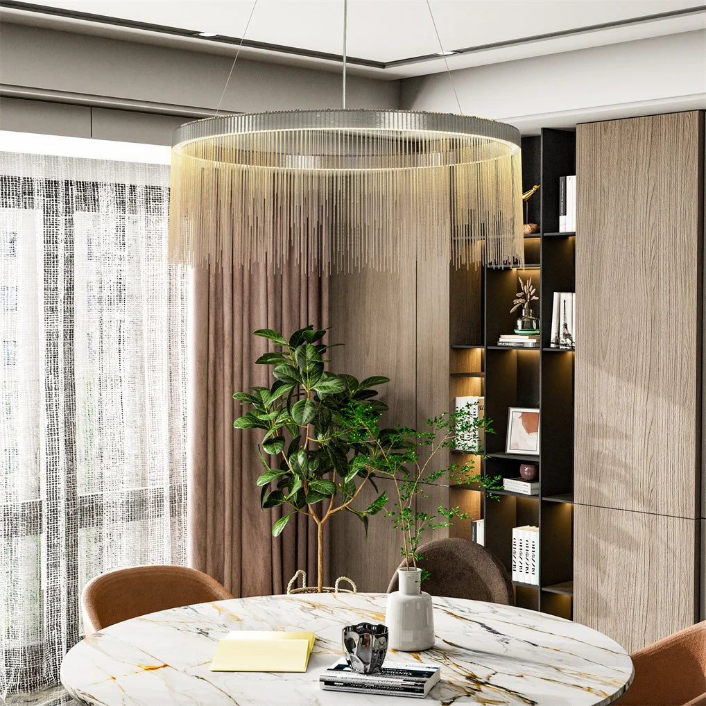 Modern interior with a round dining table, chairs, and decorative elements.