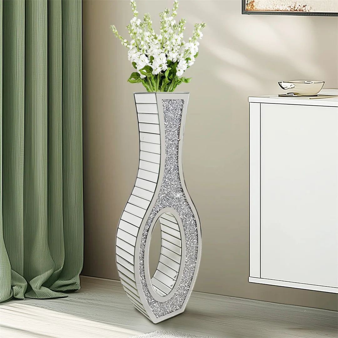 Decorative floor vase with floral arrangement in a room setting