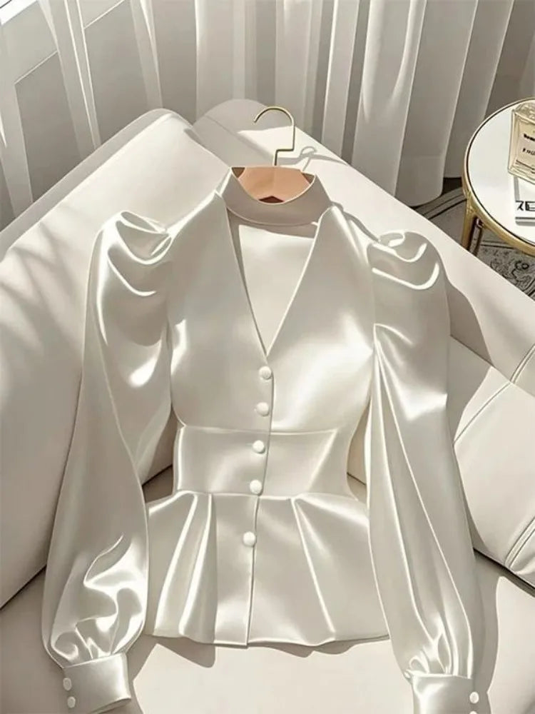 French Elegant White Satin Puff Sleeve Blouse – Waist Cinched Office Shirt.