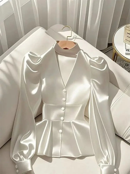 French Elegant White Satin Puff Sleeve Blouse – Waist Cinched Office Shirt.