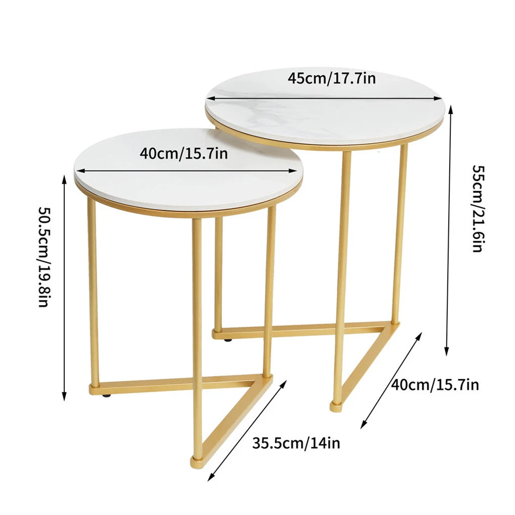 Two round side tables with gold frames and white marble tops, showing dimensions on a white background.