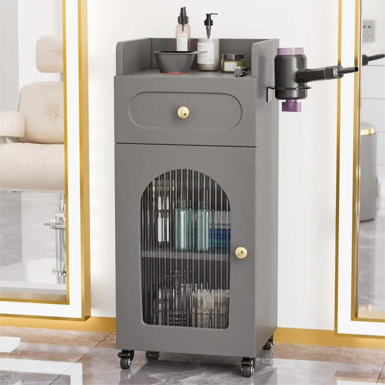 Salon Cart Trolley with Drawers & Glass Storage – Rolling Cabinet for Stylists.