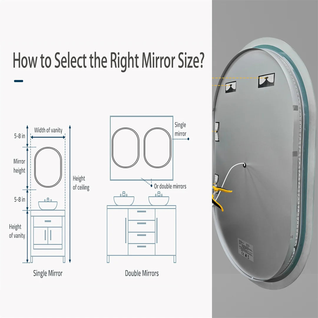 Bathroom mirror with measurement guide on a gray background