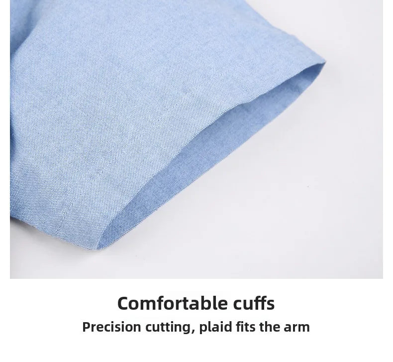 Close-up of a blue plaid shirt with text on a white background