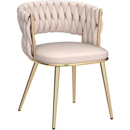 Beige upholstered chair with gold metal legs on a white background