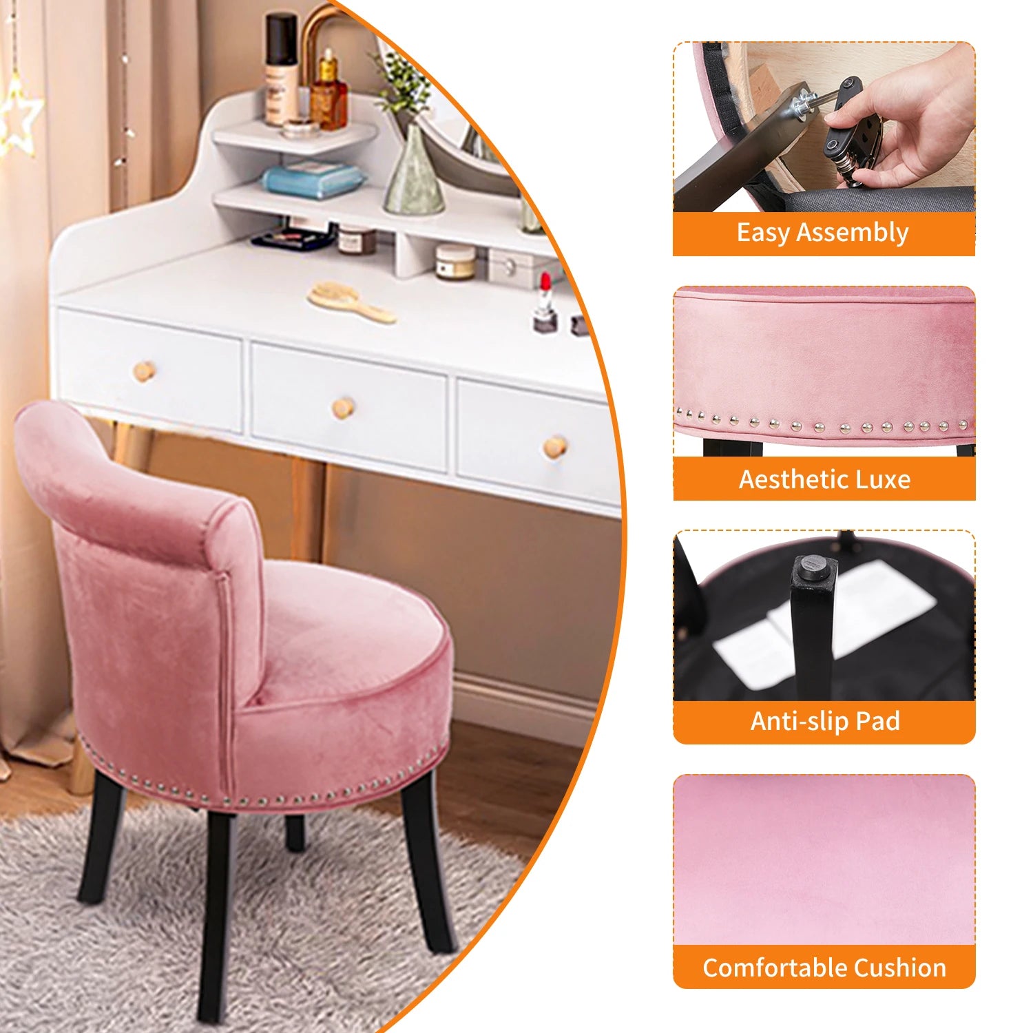 Pink vanity chair with features highlighted on a white background